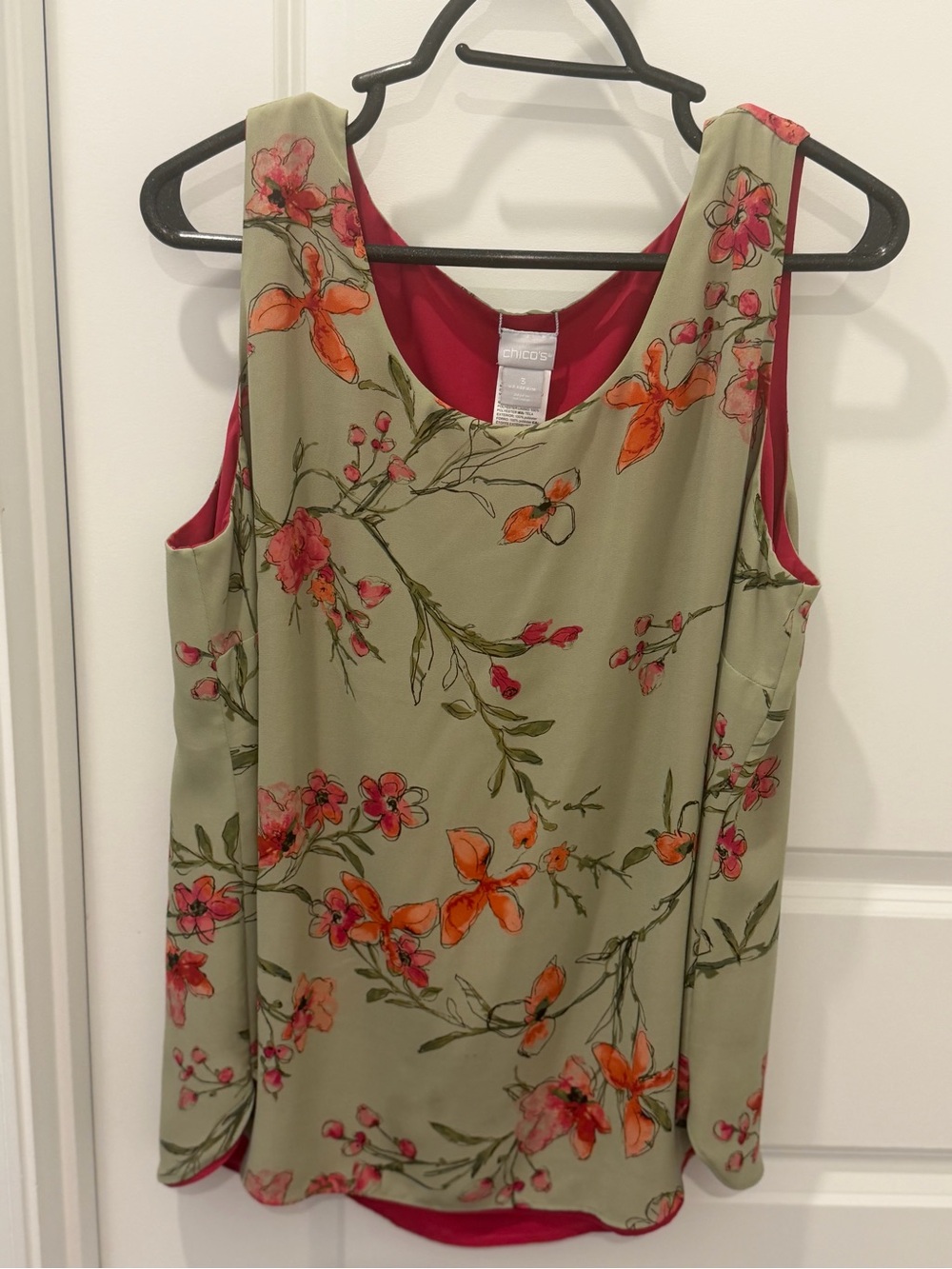 Chico's Olive Green Floral Tank with Pink Lining